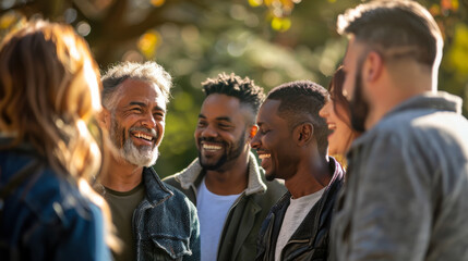 Obraz premium Portrait of happy adult friends walking in the park at sunset. A group of beautiful people spending time together outdoors.