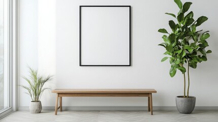 A white room with a wooden bench and a potted plant