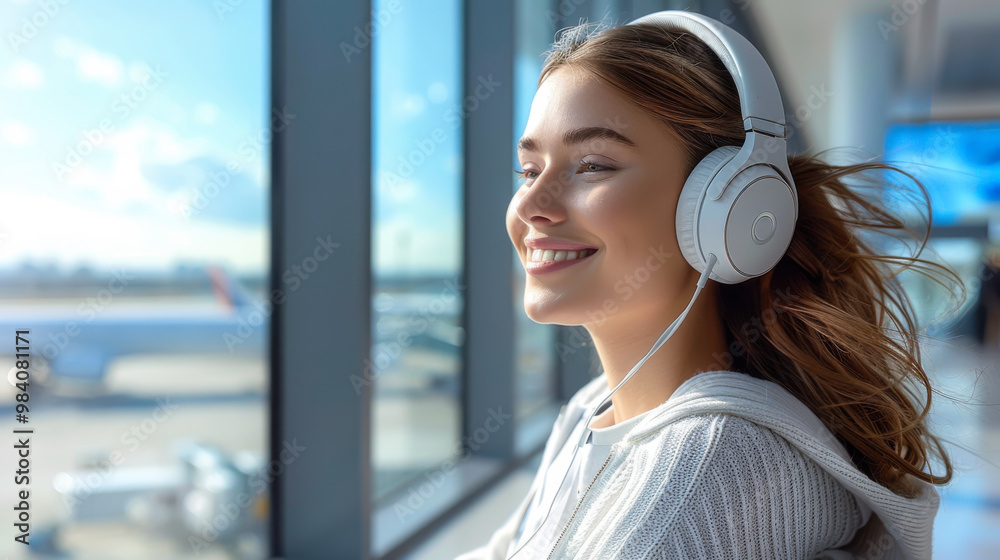 Wall mural Portrait of young woman in white wireless headphones getting ready to travel while standing at the airport and enjoying the view through the panoramic airport window. Vacation and relaxation concept.