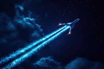 Obraz premium A high-speed airplane cutting through the night sky, leaving behind a vibrant blue contrail