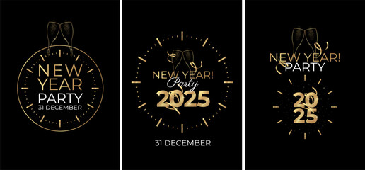 2025 New Year's Eve event design template. Golden 2025 numbers and countdown clock. Elegant and modern style. Vector illustration.
