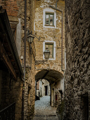 Narrow Cobblestone Alleyway in an Italian Village with Stone Buildings, Flower Pots, and Rustic Signs: A Serene Pathway Surrounded by Greenery and Historic Architecture.