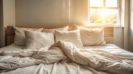 Asymmetrical morning light on pillows and unmade bed at dawn