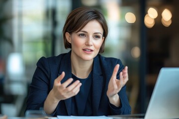 Obraz premium A woman in her thirties with short hair and light makeup sits at a desk and smiles while talking to an office worker during a meeting.generated ai
