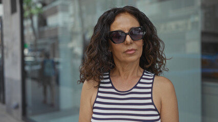 Middle-aged woman wearing sunglasses in an urban street setting with a striped top, reflecting confidence and sophistication