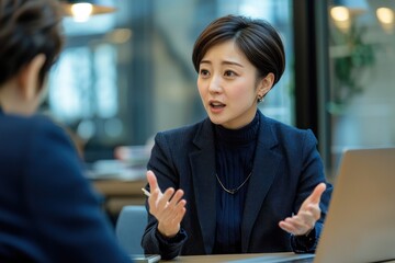 Fototapeta premium A woman in her thirties with short hair and light makeup sits at a desk and smiles while talking to an office worker during a meeting.generated ai