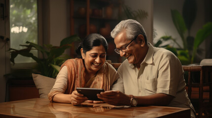 Two indian elderly individuals sitting side by side on a couch, using tablet