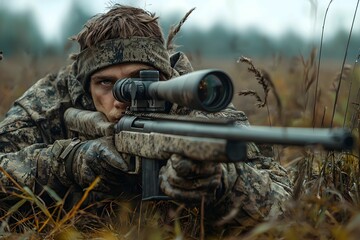 A soldier in camouflage practices marksmanship in a foggy field