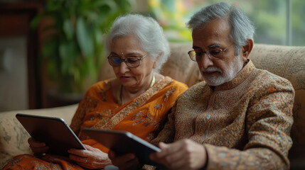 Two indian elderly individuals sitting side by side on a couch, using tablet