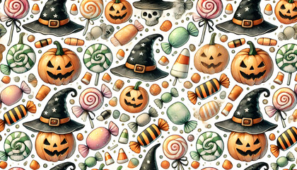 Fototapeta premium 水彩風ハロウィンキャンディパターンイラスト