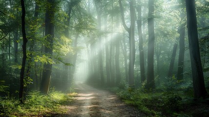Fototapeta premium A misty forest path illuminated by soft sunlight filtering through the fog, creating a magical and tranquil atmosphere