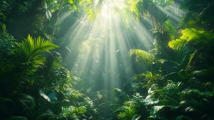 Fototapeta premium Lush Jungle with Sunlight Streaming Through Canopy