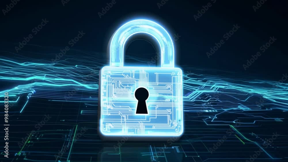 Poster A shiny metal padlock stands prominently, representing security and protection in a digital landscape filled with abstract lines and technology-focused imagery.