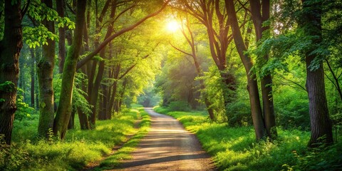 Fototapeta premium Asymmetrical peaceful forest walkway with sunlight filtering through green trees