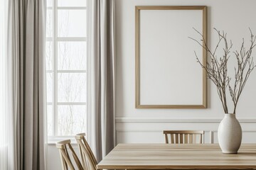 A light-filled Scandinavian-style dining room with soft gray curtains framing large windows