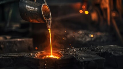 Foundry worker pouring molten metal into mold, capturing intense heat and precision of metalworking process with glowing liquid metal contrasting against dark industrial background.