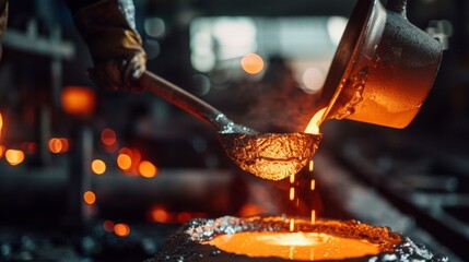 Foundry worker pouring molten metal into mold, capturing intense heat and precision of metalworking process with glowing liquid metal contrasting against dark industrial background.