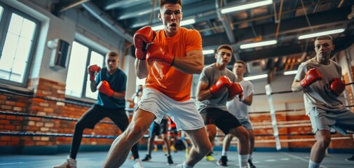 Group of boxers training intensely in a gym, showcasing teamwork and determination.