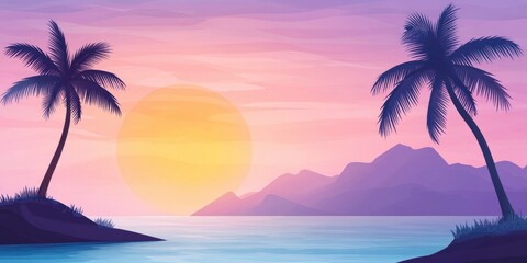 Obraz premium painting of beach with palm tree and sunset background