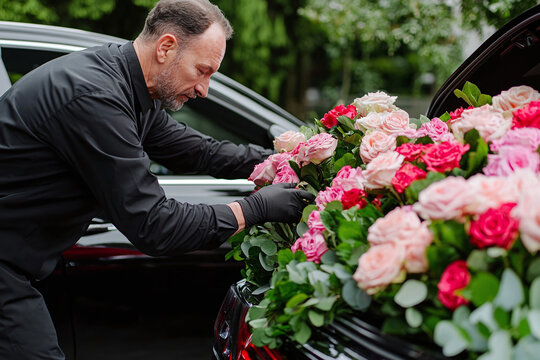 a hearse driver adjusting flowers on the vehicle, preparing for the procession