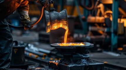 Foundry worker pouring molten metal into mold, capturing intense heat and precision of metalworking process with glowing liquid metal contrasting against dark industrial background.
