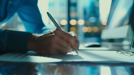 Confident businessman signing a contract, surrounded by financial documents, symbolizing price guarantees and business security.