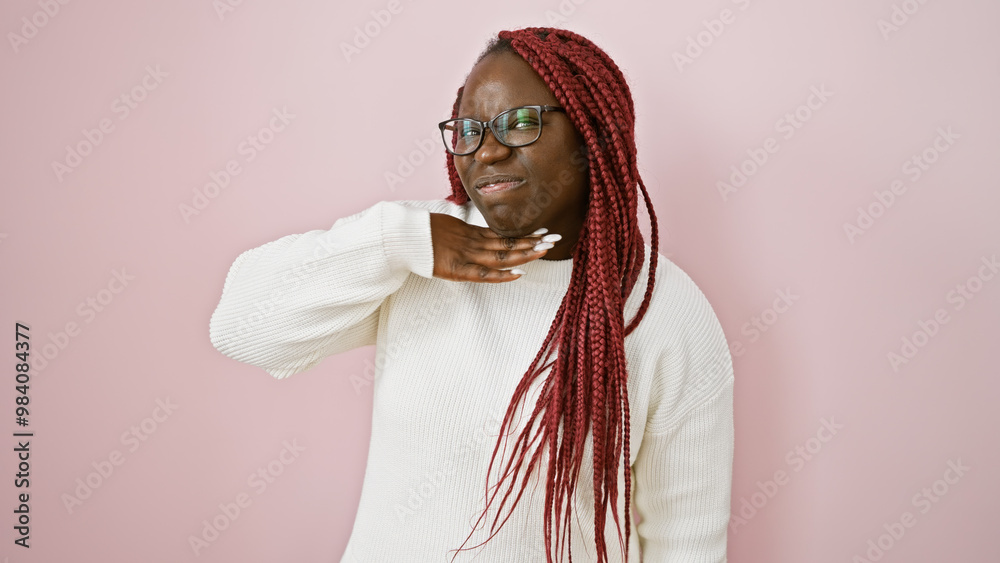 Sticker African american woman with braids gestures against a pink background