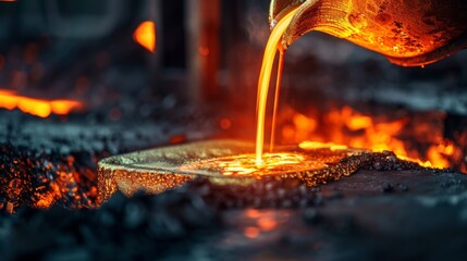 Foundry worker pouring molten metal into mold, capturing intense heat and precision of metalworking process with glowing liquid metal contrasting against dark industrial background.