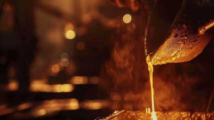 Foundry worker pouring molten metal into mold, capturing intense heat and precision of metalworking process with glowing liquid metal contrasting against dark industrial background.