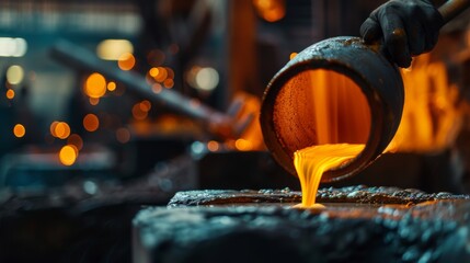 Foundry worker pouring molten metal into mold, capturing intense heat and precision of metalworking process with glowing liquid metal contrasting against dark industrial background.