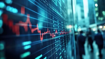 Obraz premium A stock market screen displays red and green numbers, a financial graph on a digital display, with blurred business people in the background
