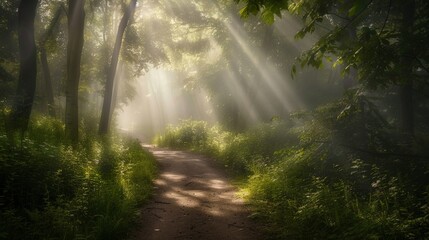 Obraz premium A misty woodland trail illuminated by rays of sunlight breaking through the dense fog, creating a peaceful ambiance