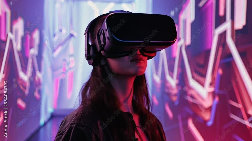 Leinwandbilder A user experiences a captivating virtual reality adventure while wearing a headset, surrounded by colorful neon lights and dynamic patterns in an arcade environment.
