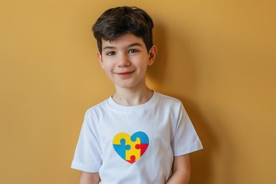Portrait of children in white t-shirt with World Autism Awareness Day symbol, heart with puzzle