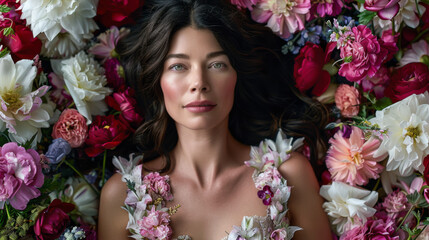 Naklejka premium A beautiful woman in a chic dress surrounded by flowers. Beauty and fashion concept.