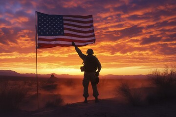 A lone soldier, standing at attention with his back to the viewer, holds the American flag high above