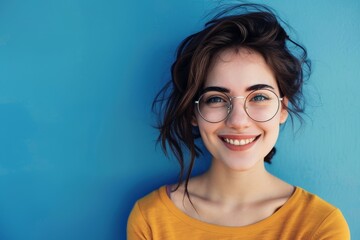 Young woman with stylish glasses smiles brightly against a vibrant blue wall in a cheerful indoor setting during daylight. Copy space