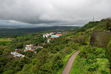 Kolhapur , India - 8 September 2024 Top angle view developed village modern village from  Panhala...