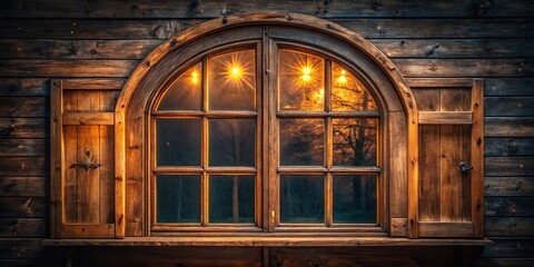 Asymmetrical vintage wooden window with arch and glass panes warmly lit from within showcasing a rustic nostalgic charm against a dark background