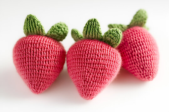 knitted strawberries on a white background.