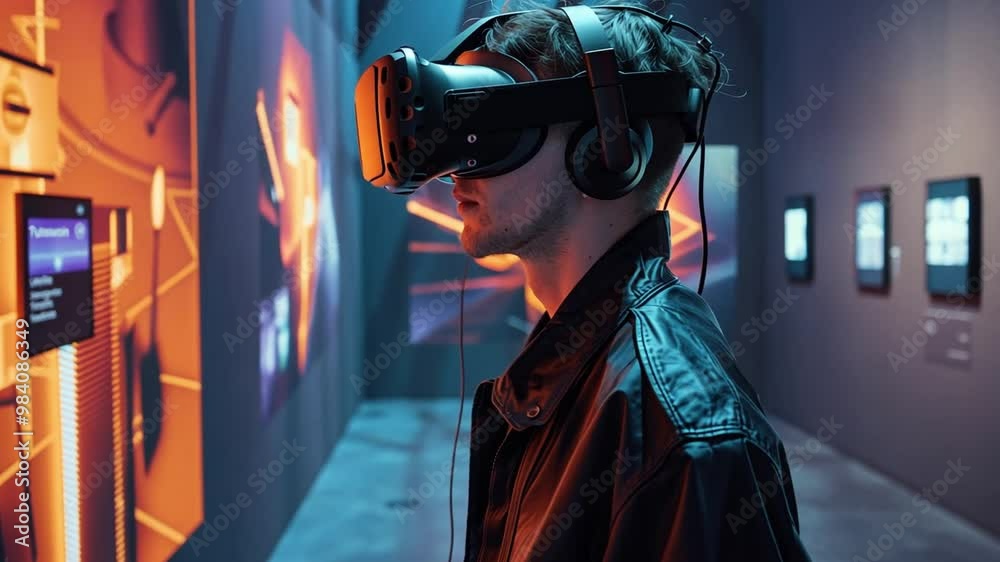 Poster A visitor engages with a virtual reality headset in an art gallery, experiencing a digital art installation while surrounded by vibrant visual displays.
