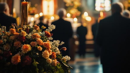 A group of people are standing in a church with a large bouquet of flowers in th