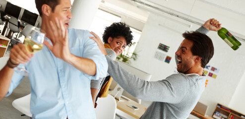 Party, crazy and wine with business people and fight for new year celebration, addiction and...