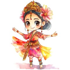 Fototapeta premium Watercolor Illustration of a Young Woman in Traditional Balinese Dress.