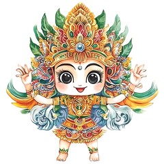Watercolor Illustration of a Traditional Balinese Deity with Intricate Details.
