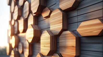 An ultra-modern wooden fa? section ade with interlocking hexagonal panels, showcasing innovative design and natural wood textures