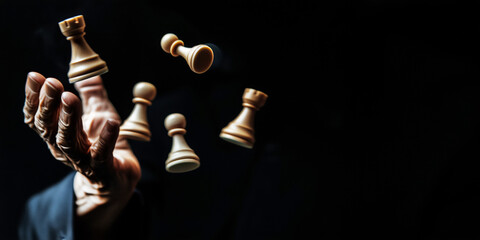 Hand throwing chess pieces, war concept, copyspace