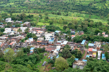 Kolhapur , India - 8 September 2024 Top angle view developed village modern village from  Panhala...