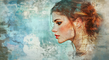 Profile portrait of a woman with soft colors and textured abstract background