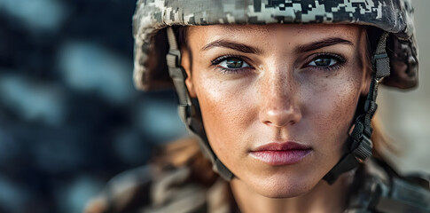 A close-up portrait of a female soldier showing determination against a blurred background, military, patriotism, veteran, soldier, soldier of the u.s. army